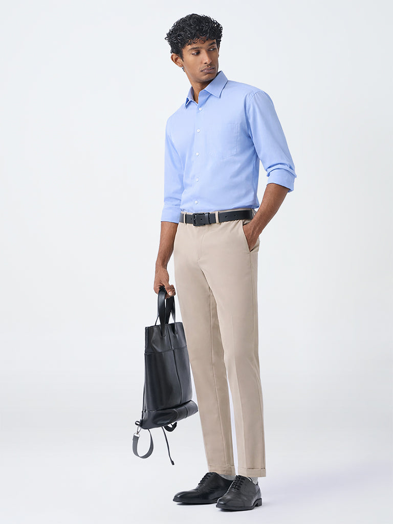 WES Formals Blue Solid Slim-Fit Cotton Shirt