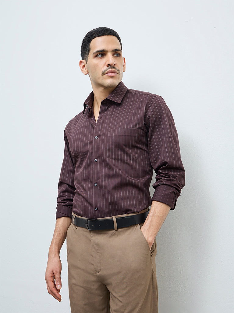 WES Formals Brown Pinstripe Slim-Fit Cotton Shirt