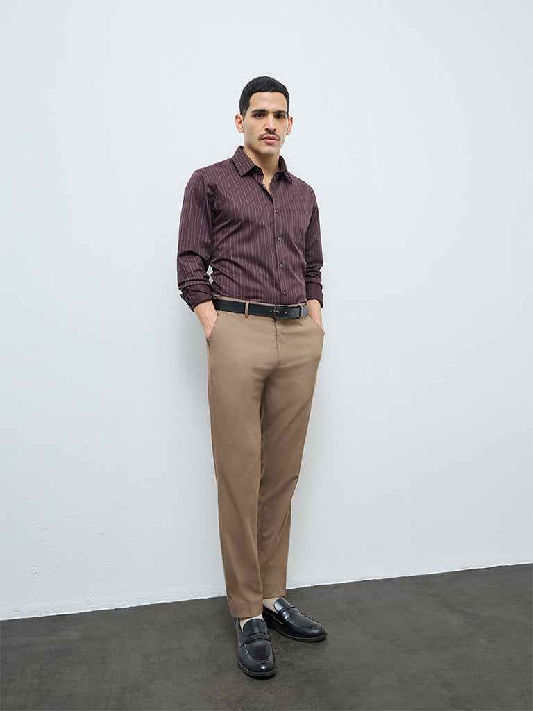 WES Formals Brown Pinstripe Slim-Fit Cotton Shirt