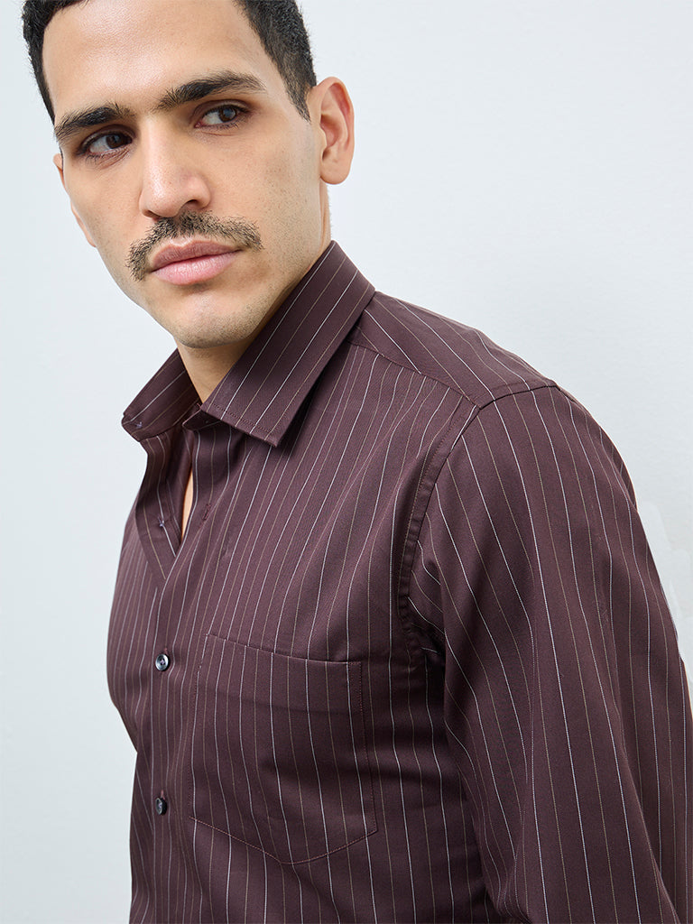WES Formals Brown Pinstripe Slim-Fit Cotton Shirt