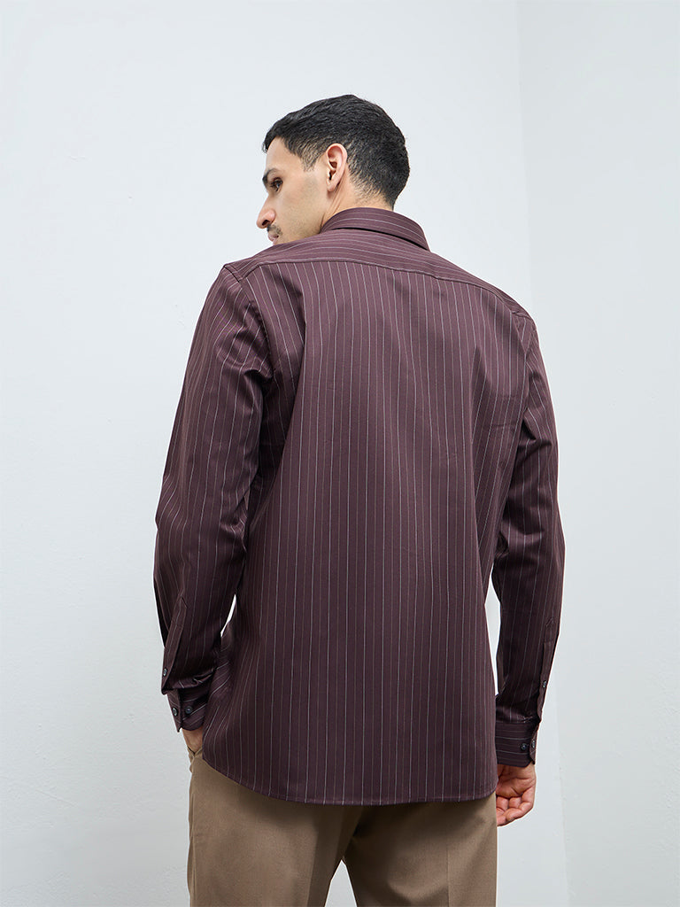 WES Formals Brown Pinstripe Slim-Fit Cotton Shirt
