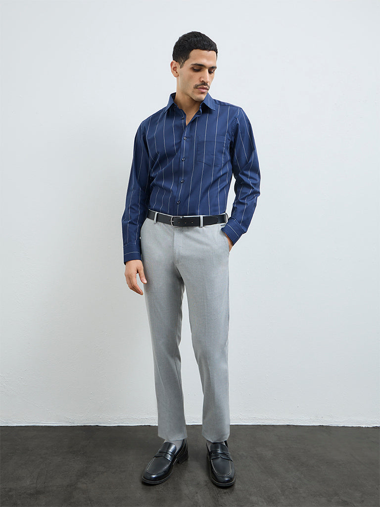 WES Formals Navy Striped Slim-Fit Cotton Shirt