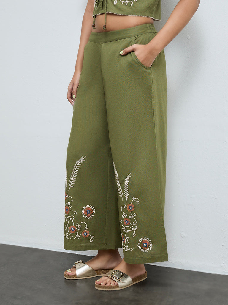 Bombay Paisley Green Embroidered Cotton-Blend Palazzos