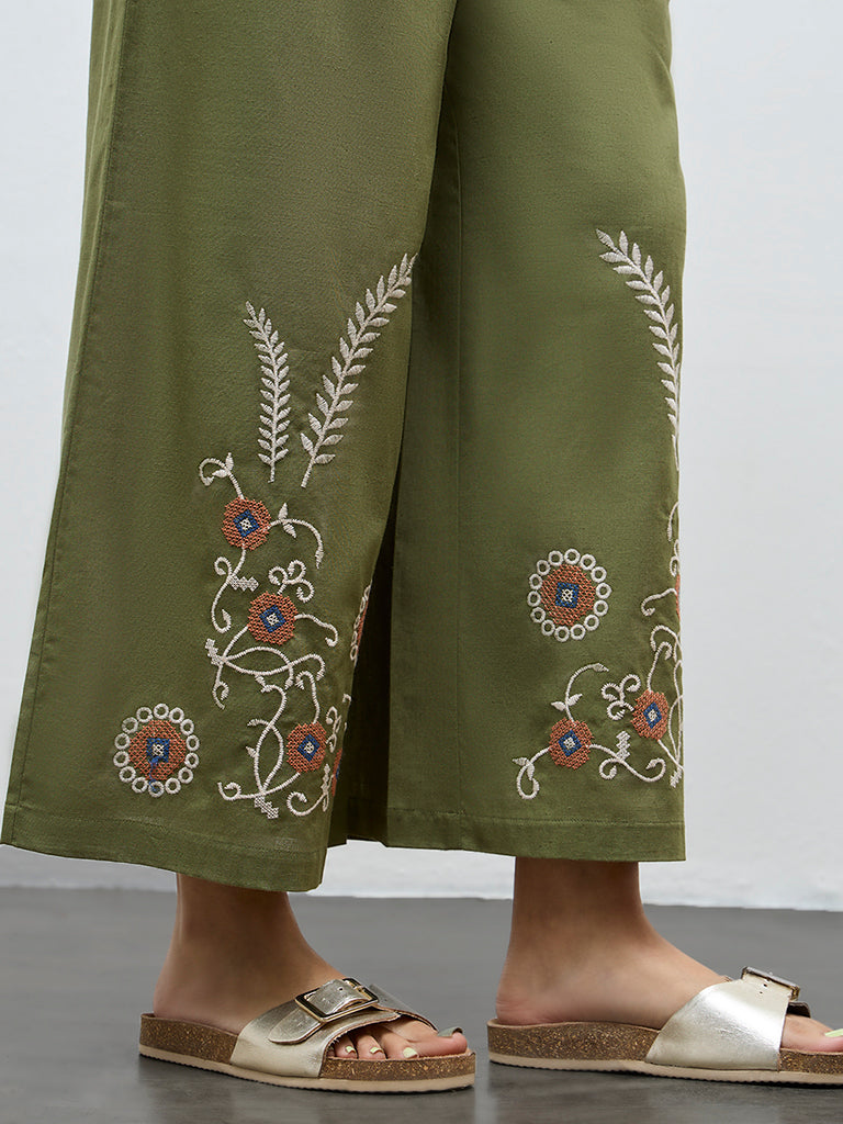 Bombay Paisley Green Embroidered Cotton-Blend Palazzos