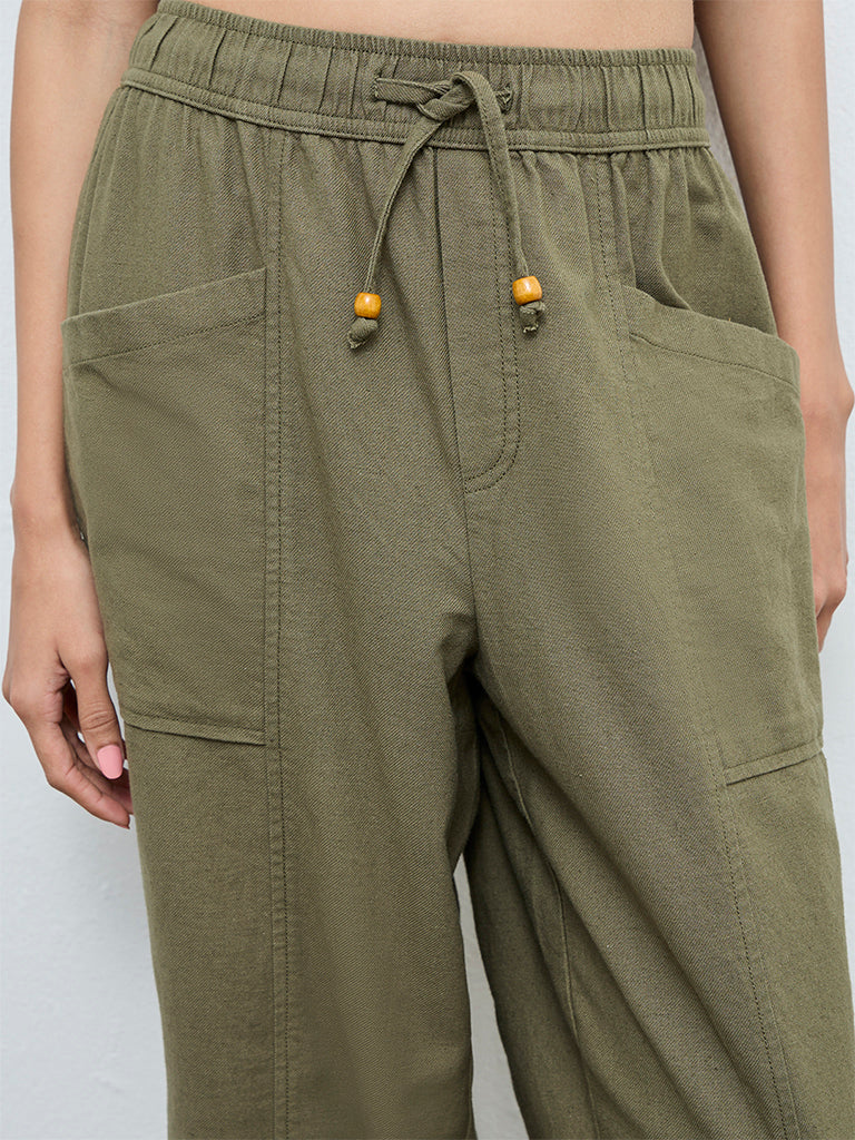 Bombay Paisley Olive Solid High-Rise Cotton-Blend Pants