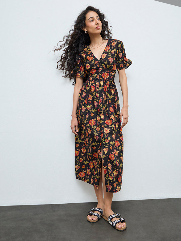 Bombay Paisley Black Foliage Printed Cotton A-Line Dress