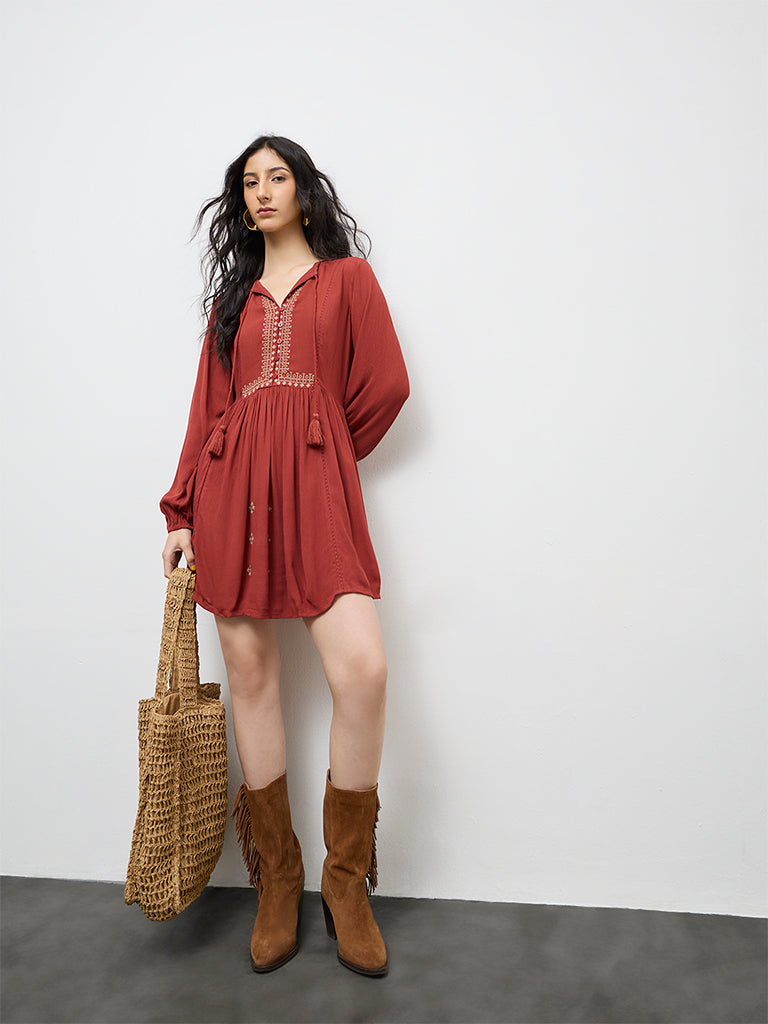 Bombay Paisley Rust Embroidered A-Line Dress