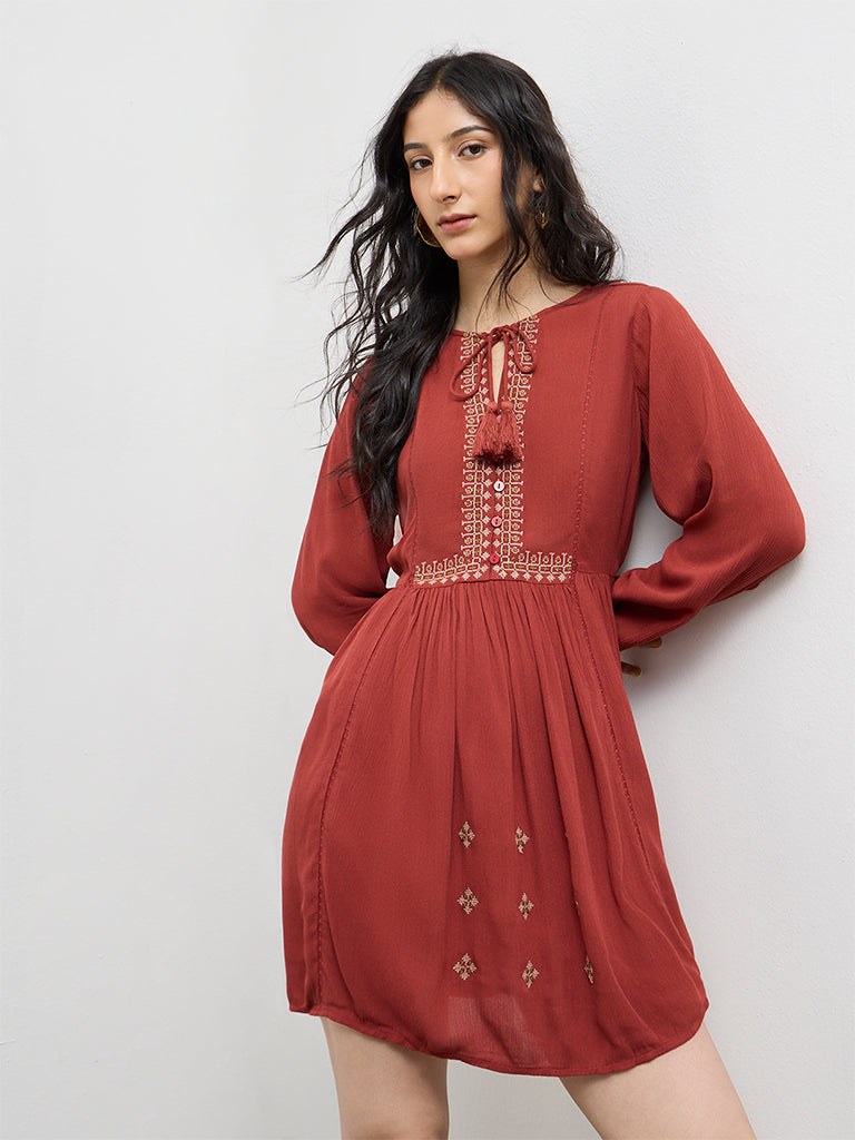 Bombay Paisley Rust Embroidered A-Line Dress