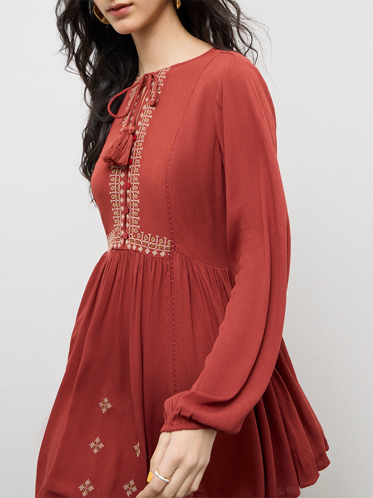 Bombay Paisley Rust Embroidered A-Line Dress