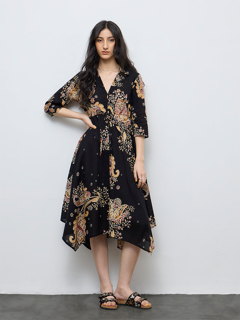 Bombay Paisley Black Printed Cotton Asymmetrical Dress