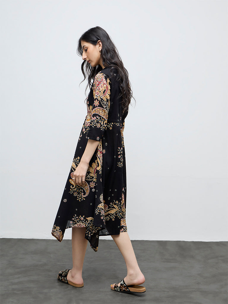 Bombay Paisley Black Printed Cotton Asymmetrical Dress