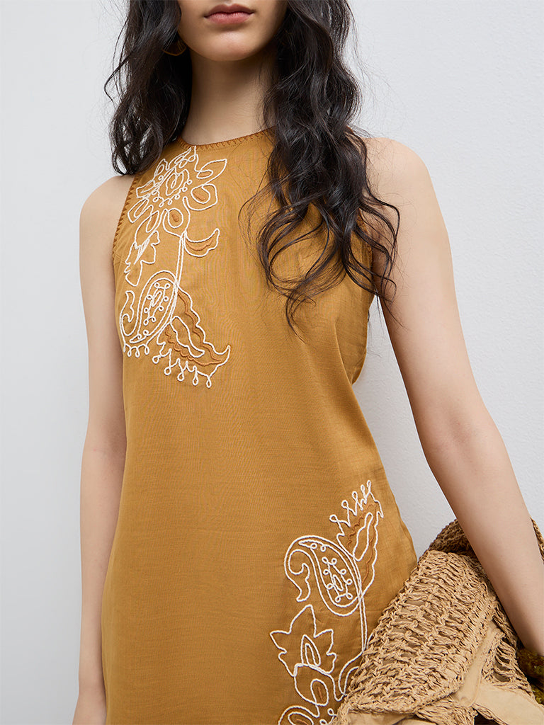 Bombay Paisley Mustard Embroidered Cotton Shift Dress