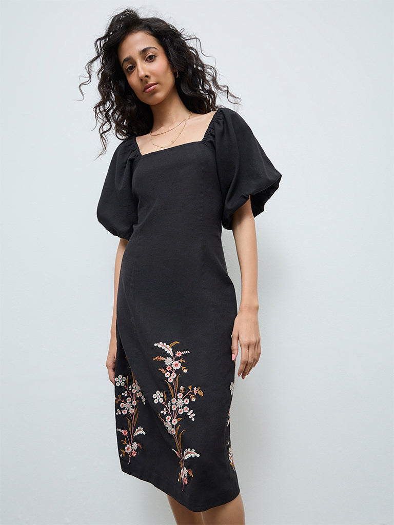 Bombay Paisley Black Floral Embroidered Cotton-Blend A-Line Dress