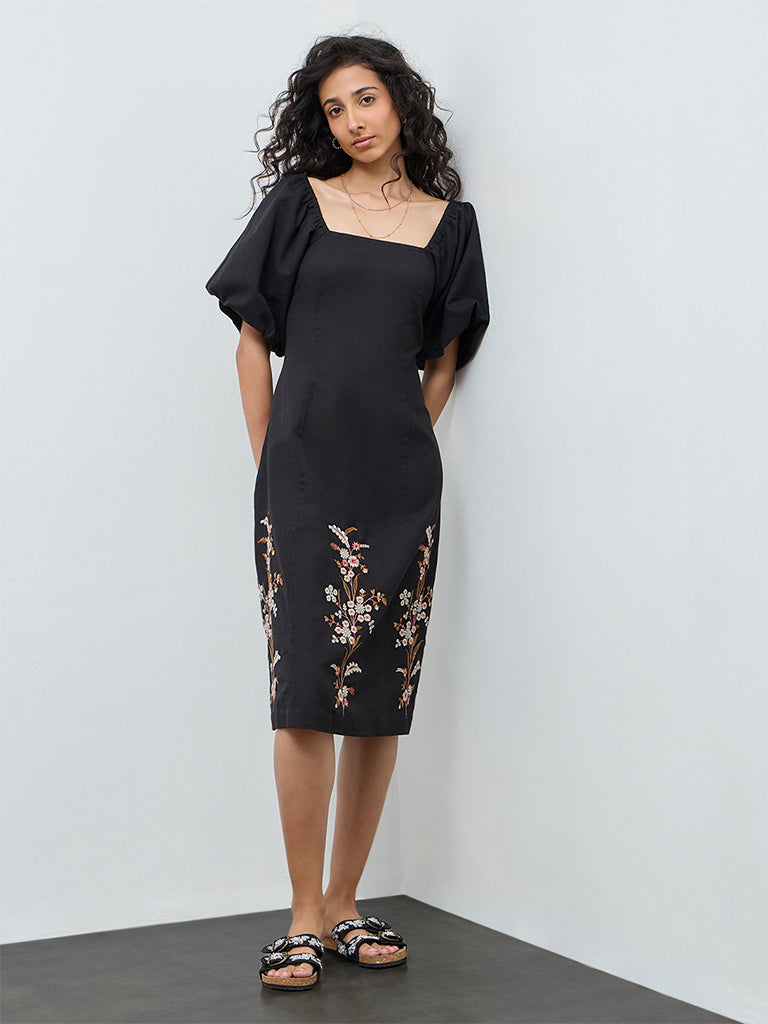 Bombay Paisley Black Floral Embroidered Cotton-Blend A-Line Dress