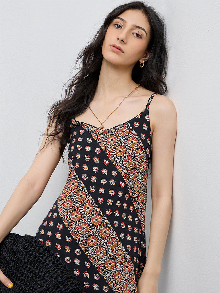 Bombay Paisley Black Printed Cotton A-Line Dress