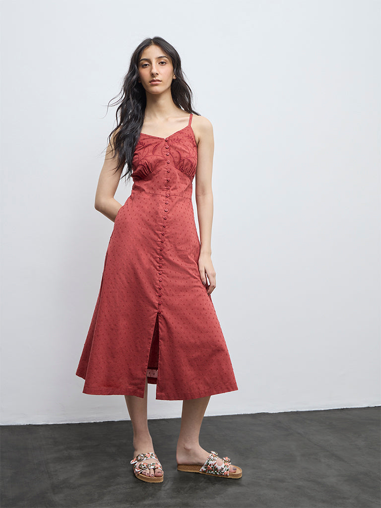 Bombay Paisley Rust Embroidered A-Line Cotton Dress