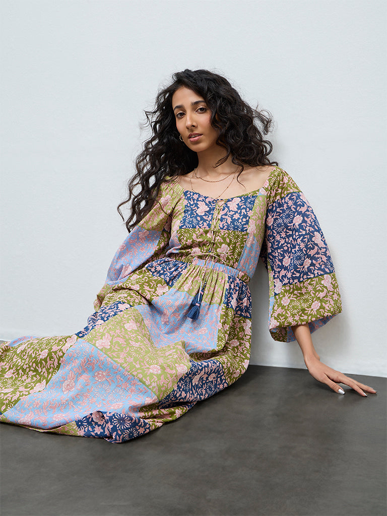 Bombay Paisley Multicolour Floral Pattern Cotton A-Line Dress