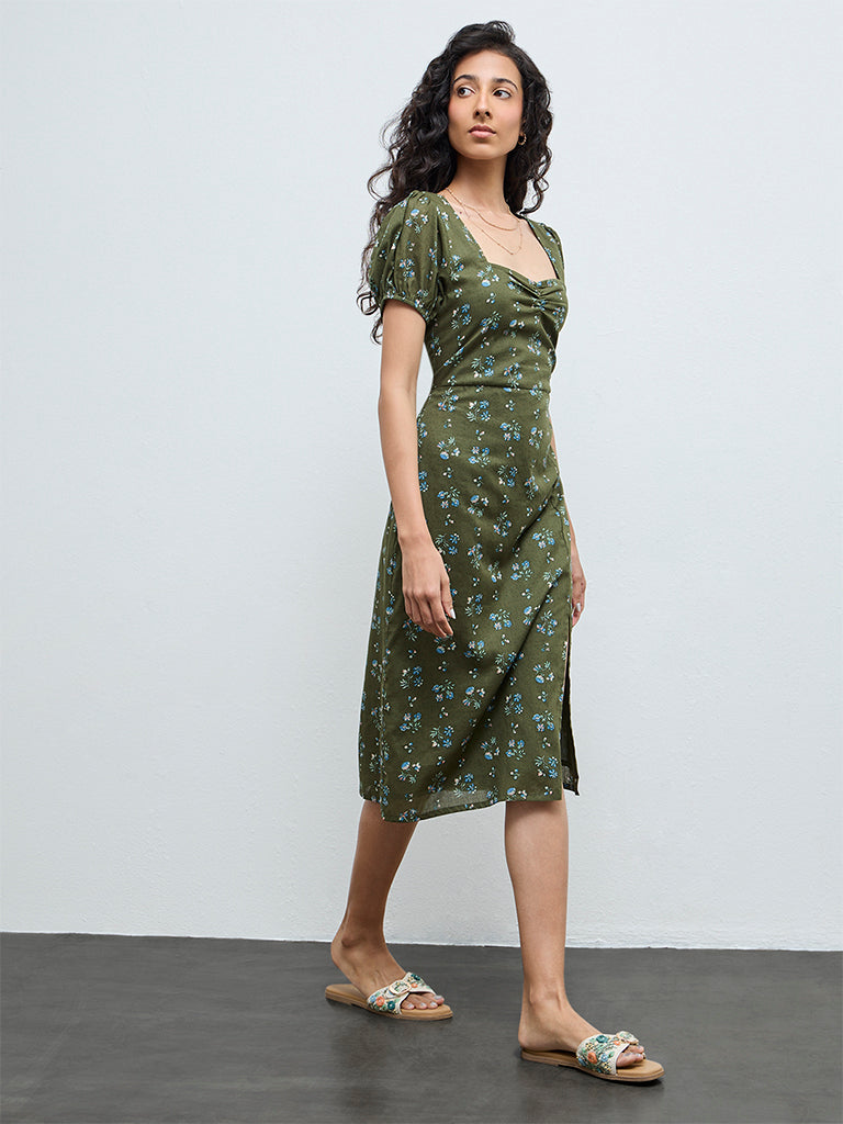 Bombay Paisley Olive Floral Cotton A-Line Dress