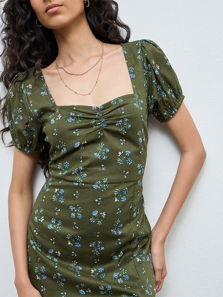 Bombay Paisley Olive Floral Cotton A-Line Dress