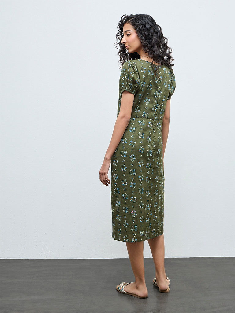 Bombay Paisley Olive Floral Cotton A-Line Dress