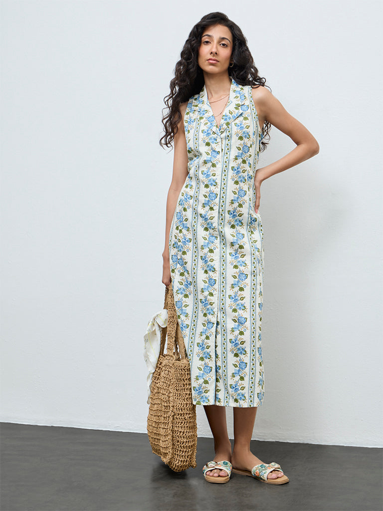 Bombay Paisley Blue Floral Cotton-Blend Shirt Dress