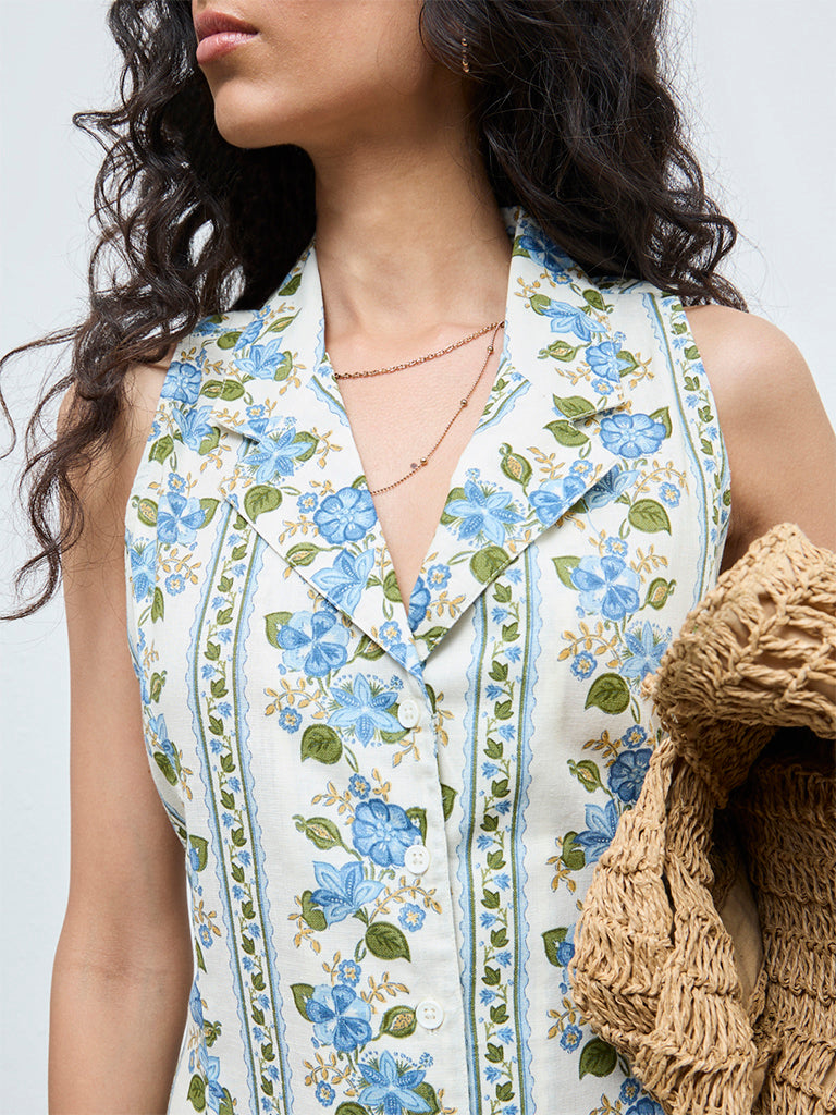 Bombay Paisley Blue Floral Cotton-Blend Shirt Dress