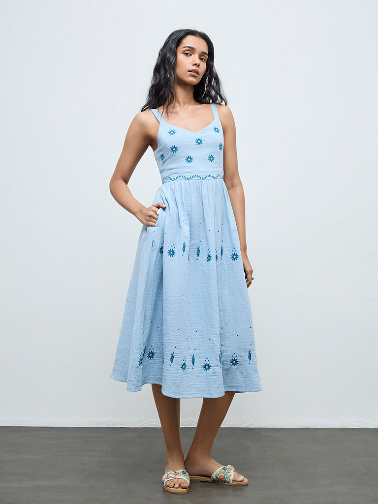 Bombay Paisley Light Blue Embroidered Cotton A-Line Dress