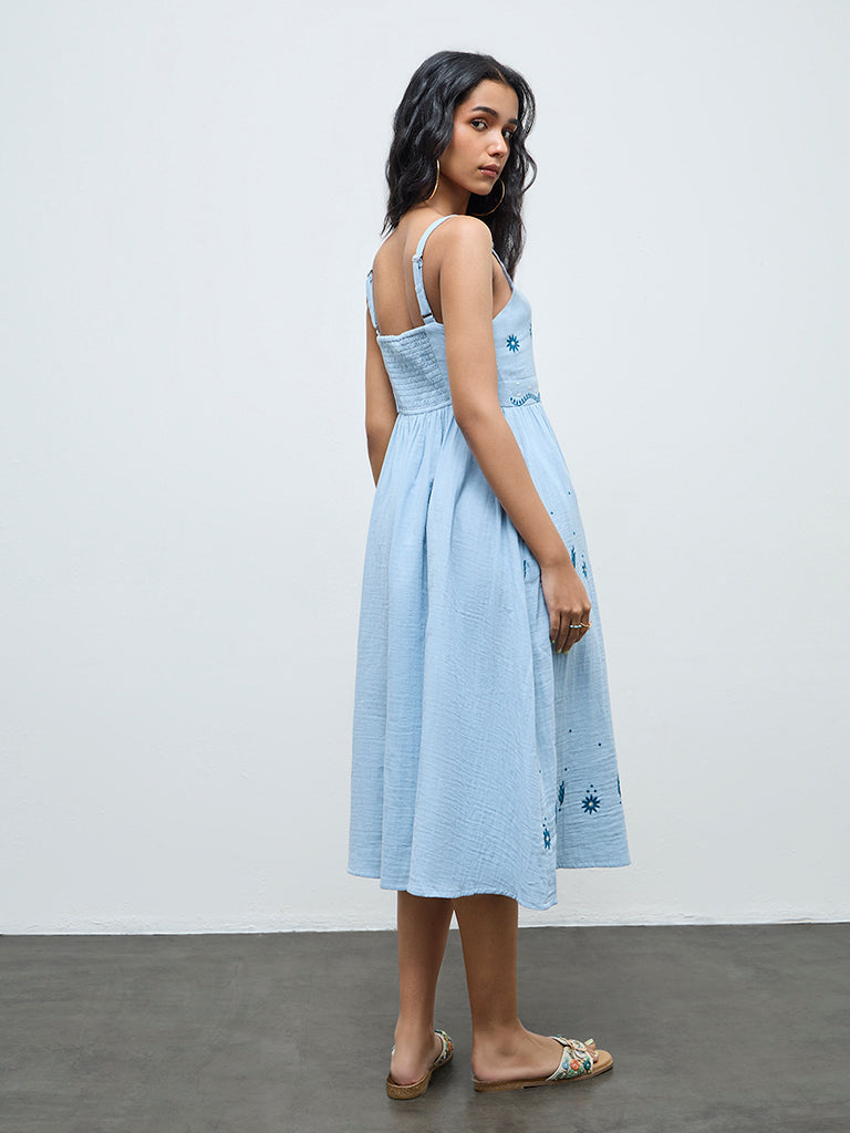 Bombay Paisley Light Blue Embroidered Cotton A-Line Dress