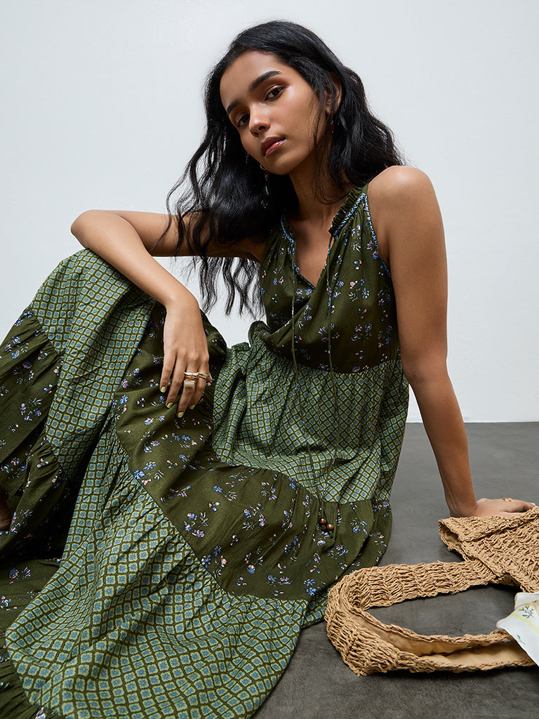 Bombay Paisley Green Printed Cotton Tiered Dress