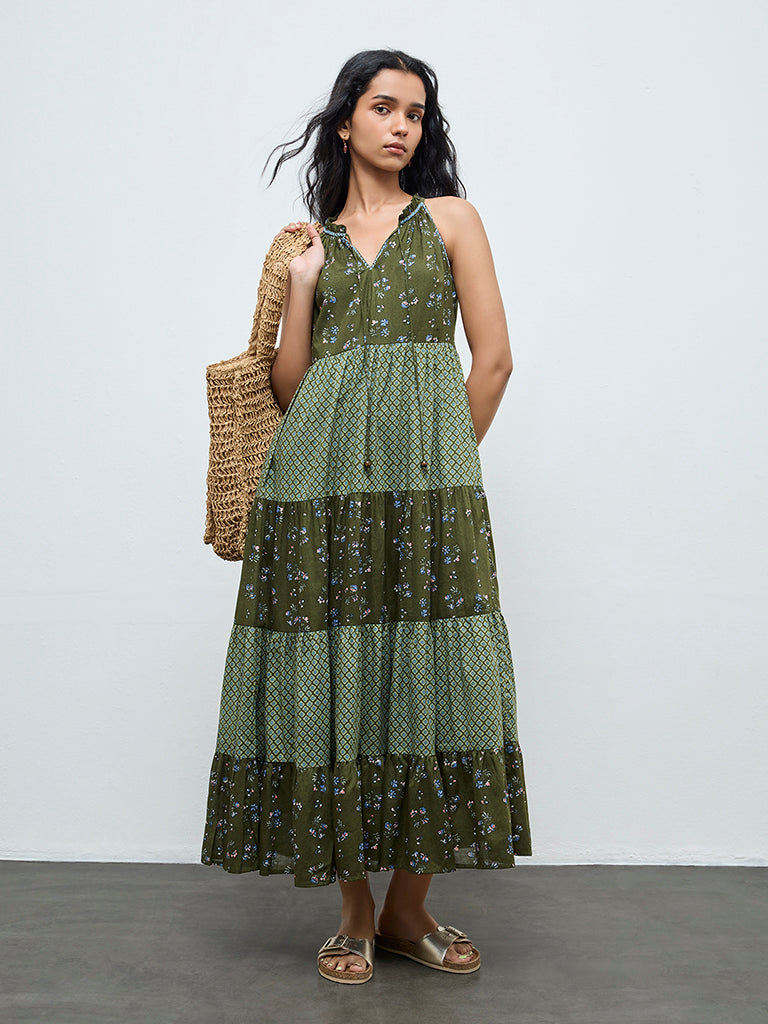 Bombay Paisley Green Printed Cotton Tiered Dress