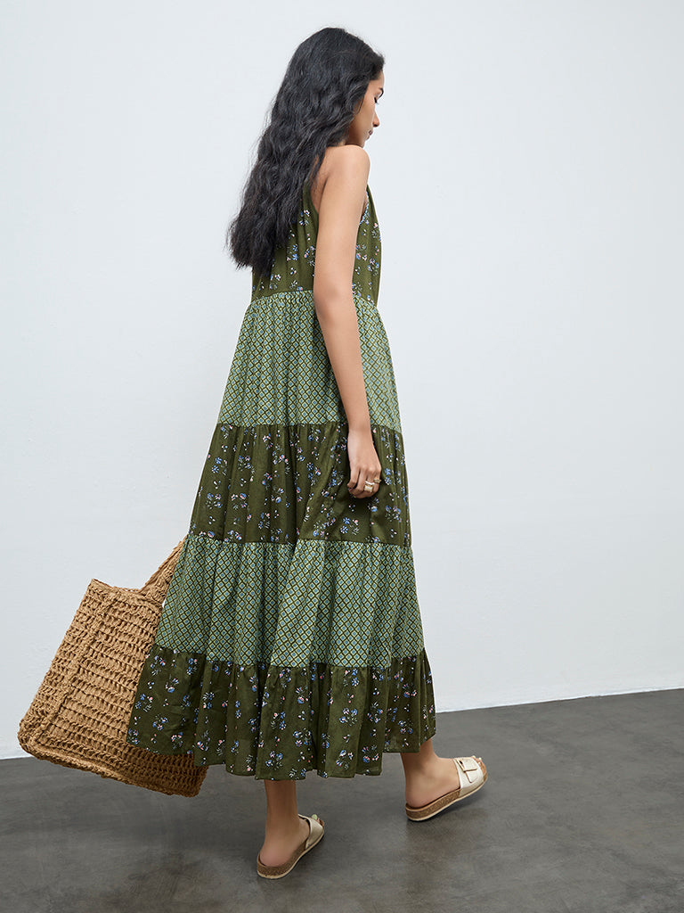 Bombay Paisley Green Printed Cotton Tiered Dress