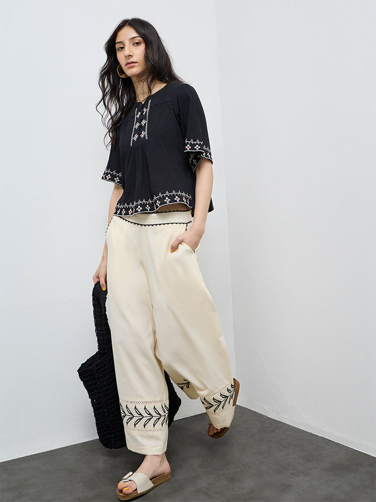 Bombay Paisley Black Embroidered Cotton Top