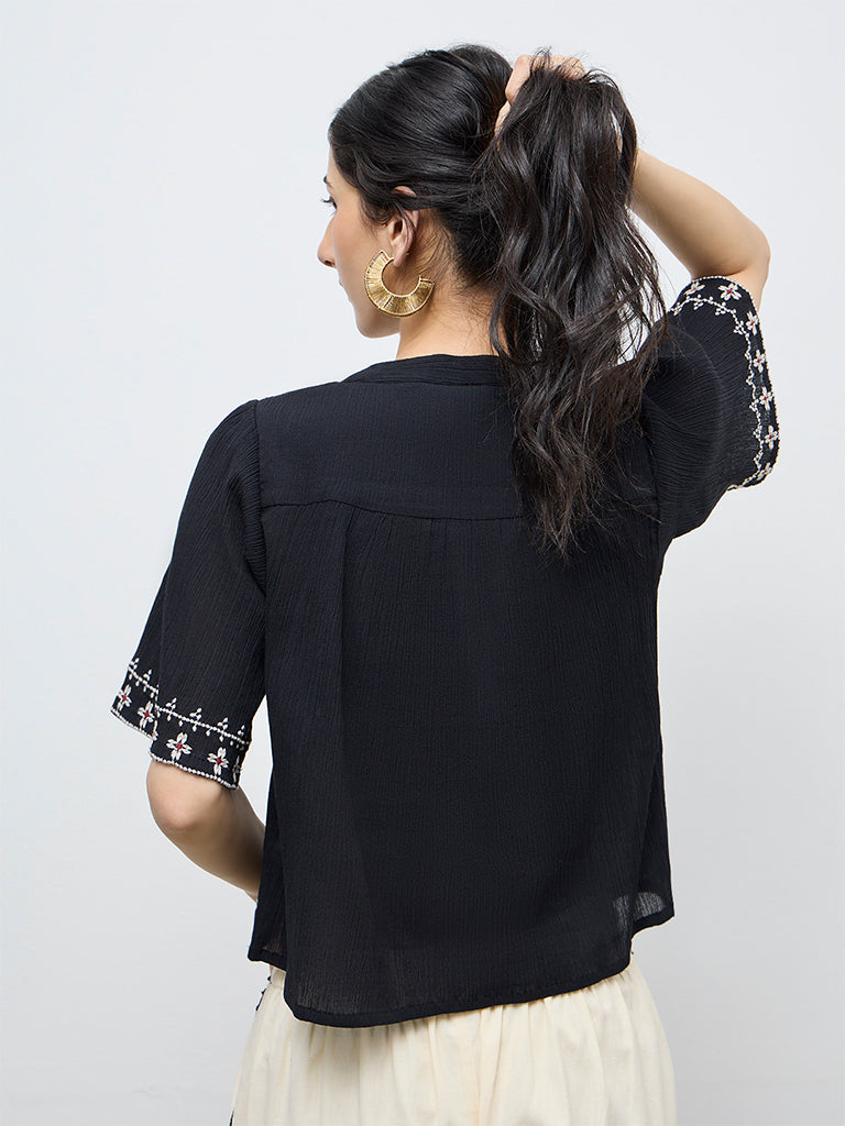 Bombay Paisley Black Embroidered Cotton Top