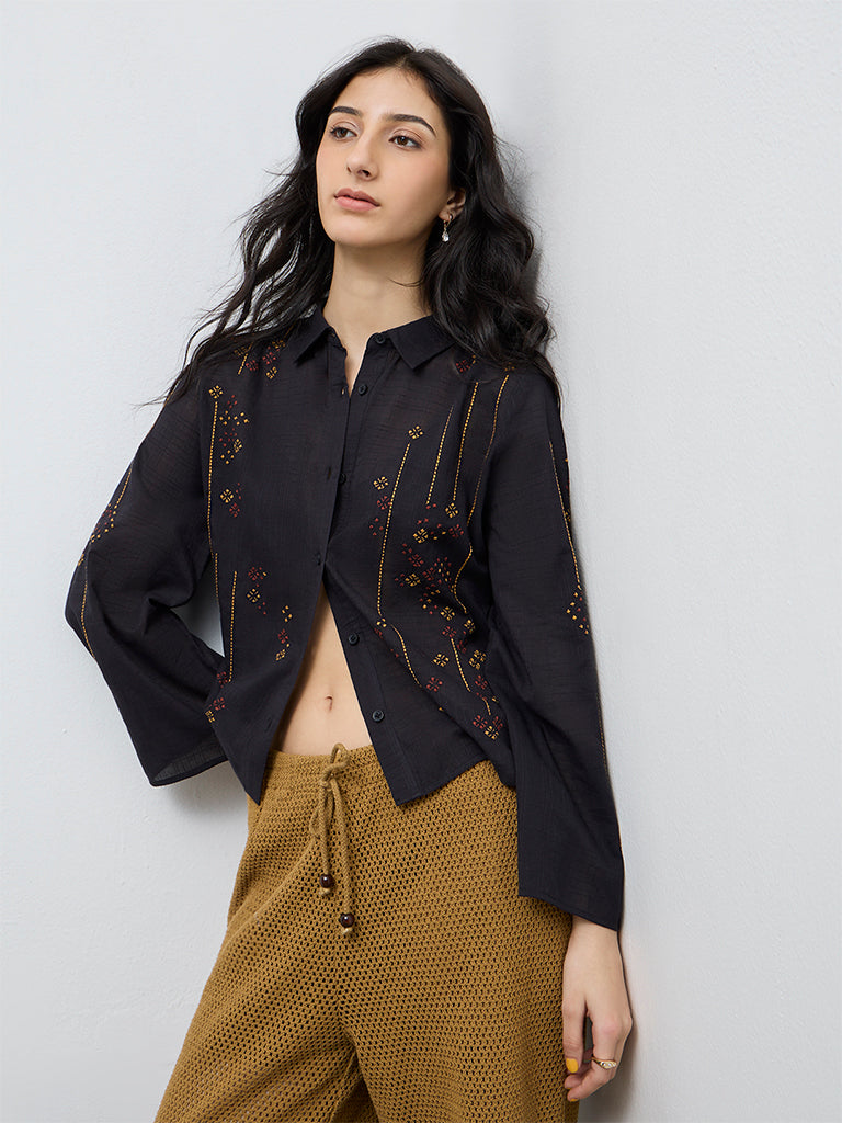 Bombay Paisley Black Embroidered Cotton Shirt