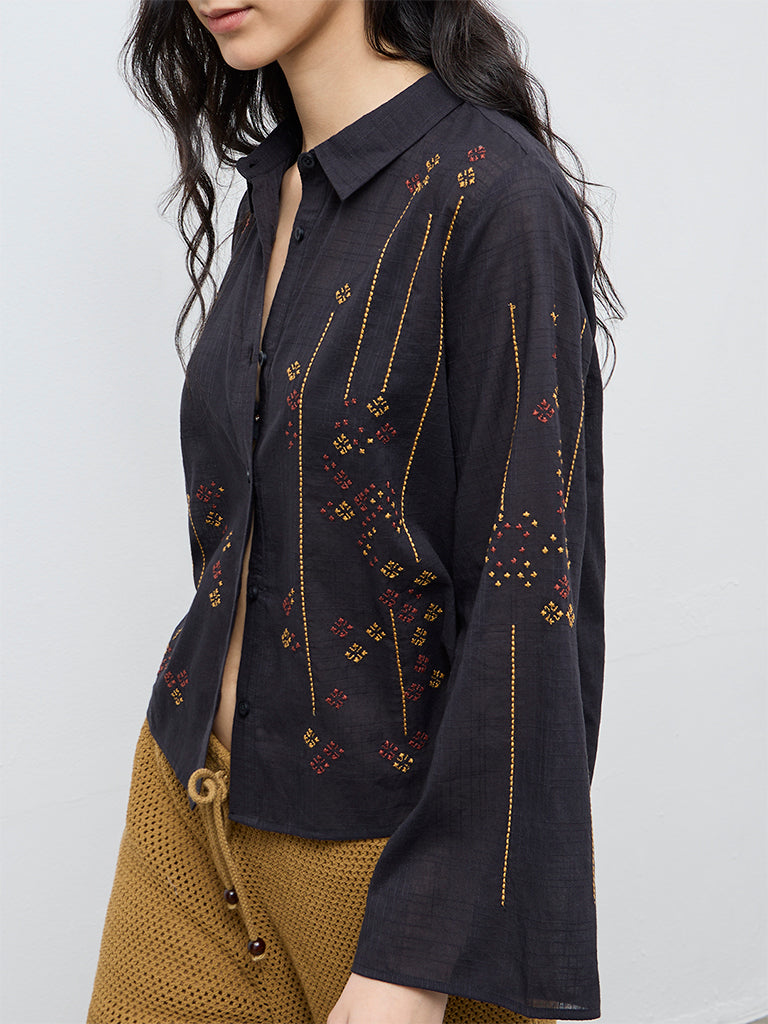 Bombay Paisley Black Embroidered Cotton Shirt
