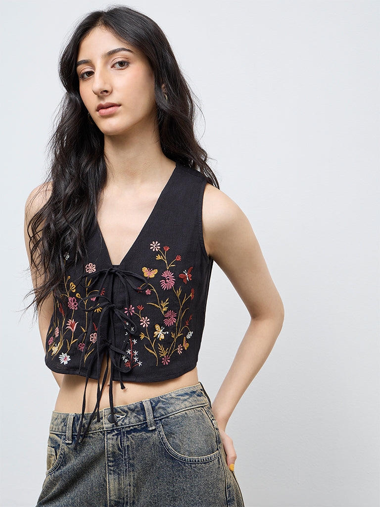 Bombay Paisley Black Embroidered Tie-Up Top