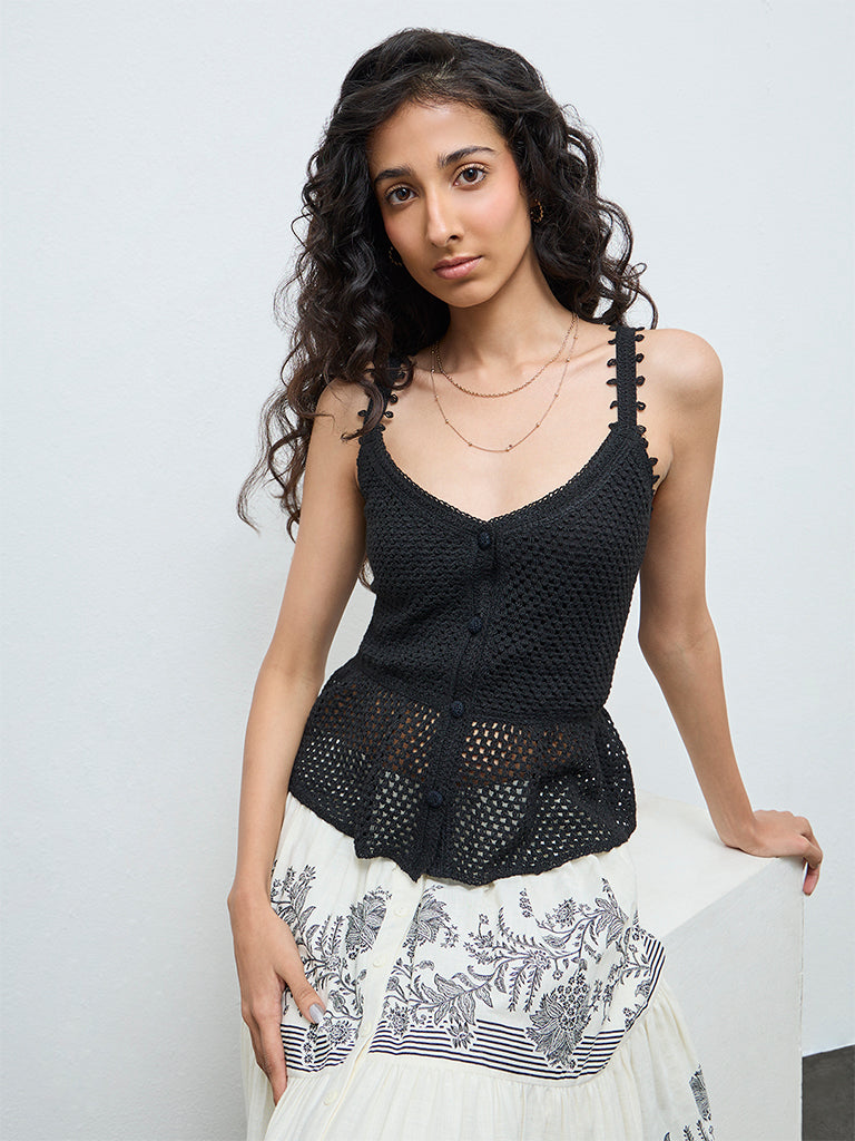 Bombay Paisley Black Crochet-Knit Cotton Peplum Top