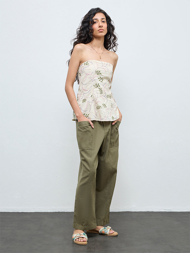 Bombay Paisley Off-White Embroidered Cotton Tube Top