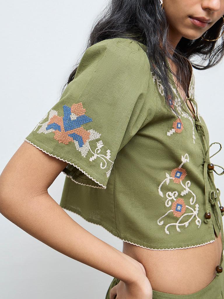 Bombay Paisley Green Floral Embroidered Cotton-Blend Top