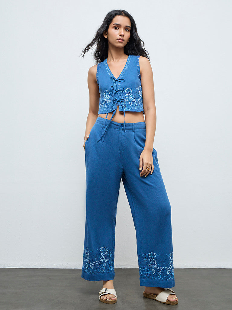 Bombay Paisley Blue Floral Embroidered Cotton-Blend Top