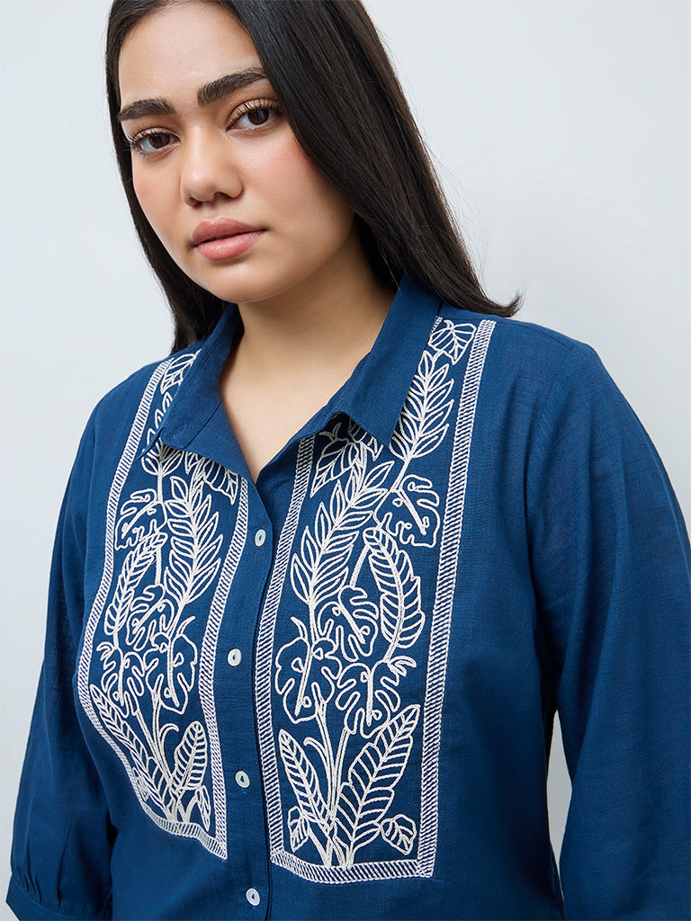 Diza Indigo Floral Embroidered Cotton Tunic