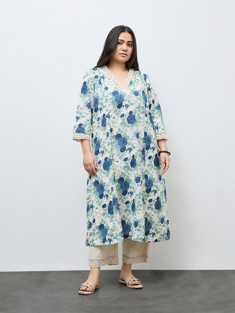Diza Blue Floral Printed Cotton-Blend A-Line Kurta