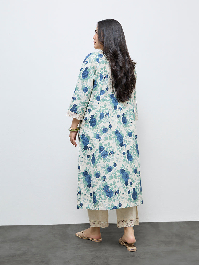 Diza Blue Floral Printed Cotton-Blend A-Line Kurta