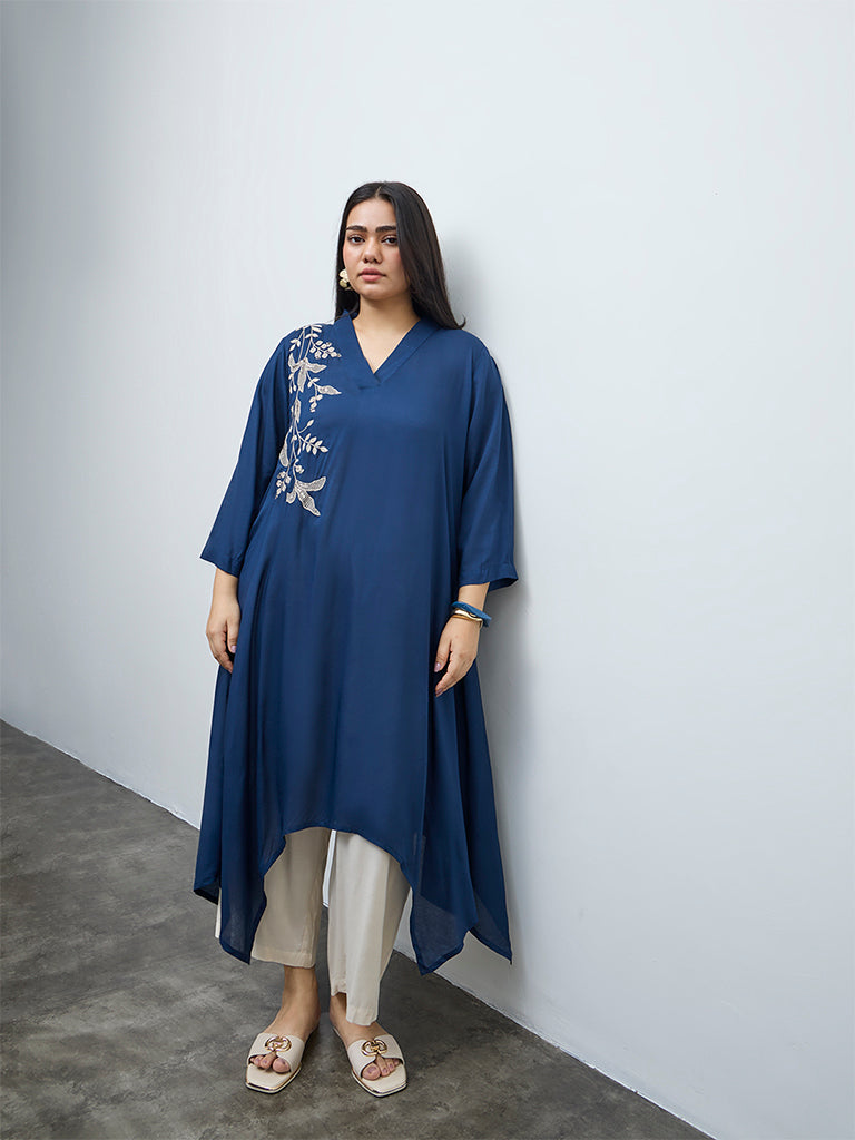 Diza Indigo Floral Embroidered High-Low Kurta