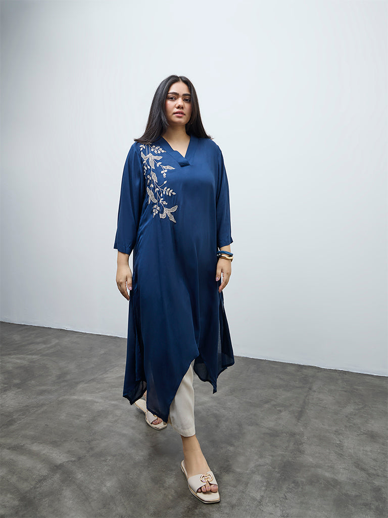 Diza Indigo Floral Embroidered High-Low Kurta