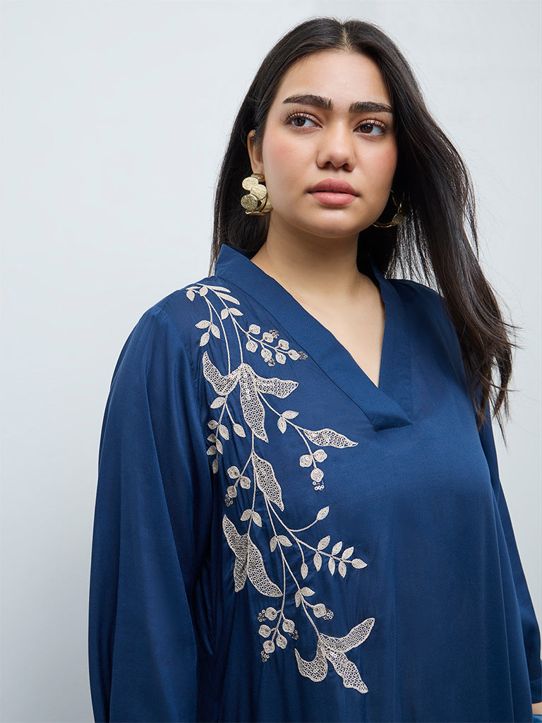 Diza Indigo Floral Embroidered High-Low Kurta