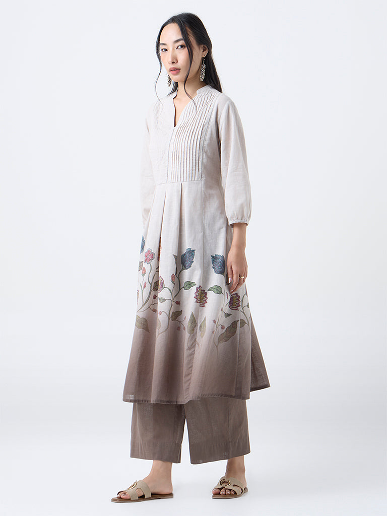Utsa Taupe Foliage Printed Fit-and-Flare Cotton Kurta