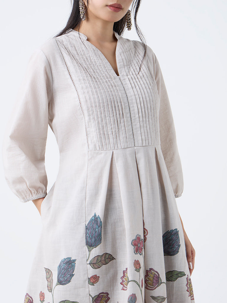 Utsa Taupe Foliage Printed Fit-and-Flare Cotton Kurta