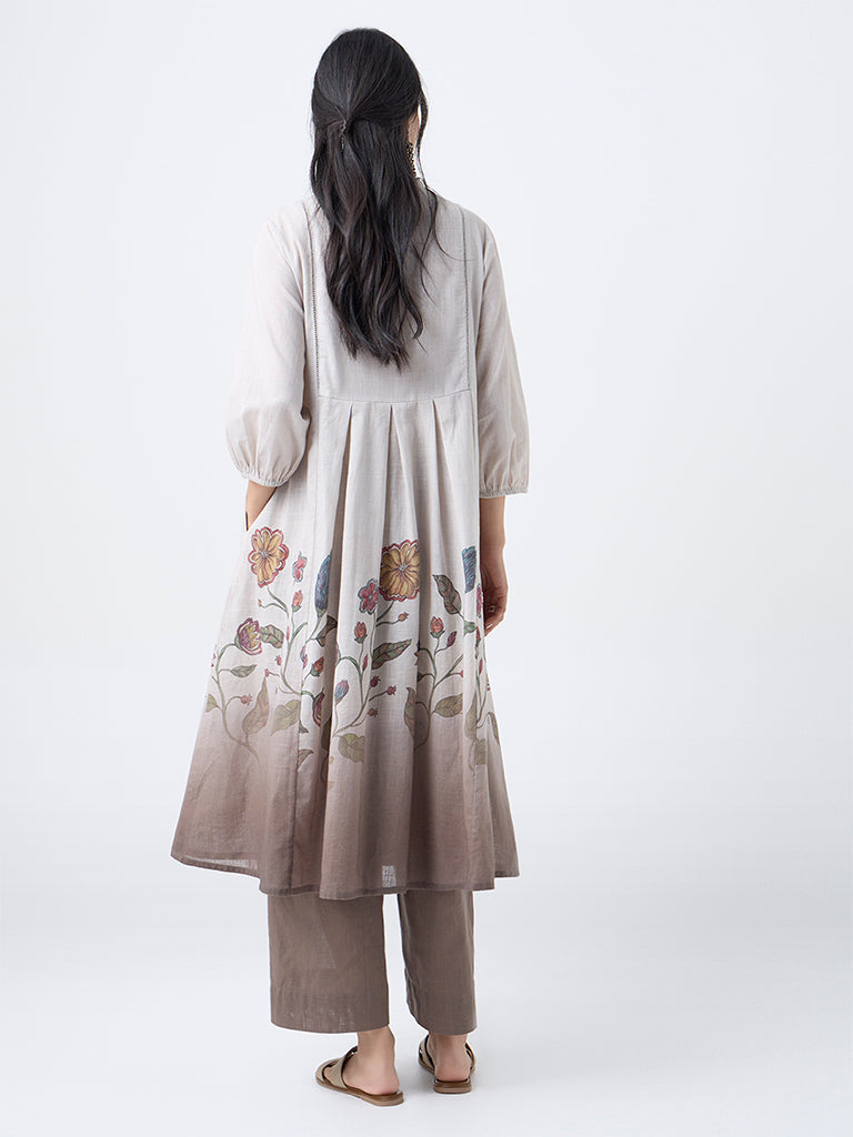 Utsa Taupe Foliage Printed Fit-and-Flare Cotton Kurta