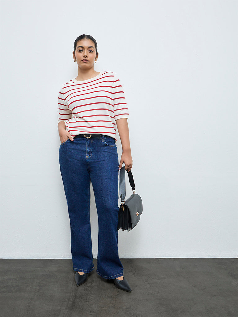 Gia Cream and Red Striped Knit-Textured Sweater